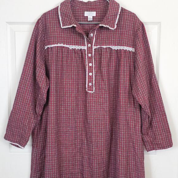 Cabernet Sleepwear Woman Flannel Nightgown 1X Pajamas Warm Red Plaid Traditional - Picture 3 of 9